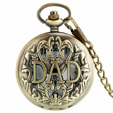 Antique Bronze DAD Quartz Pocket Watch Hollow Case Necklace Pendant Chain Gift