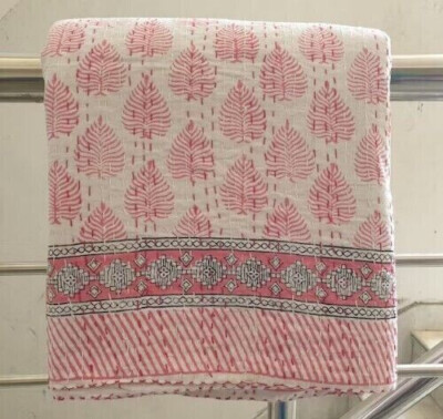 Hand Block Art Kantha Quilt Indian Cotton Bedspread Handmade pink Throw Blanket