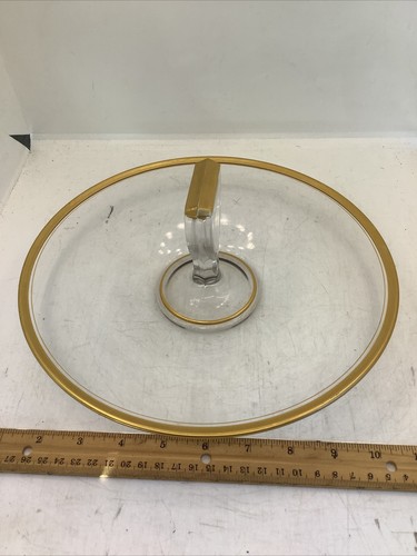 Vintage Clear Glass Gold Rim Hors D'oeuvre Serving Platter with Handle 10" - Picture 3 of 7