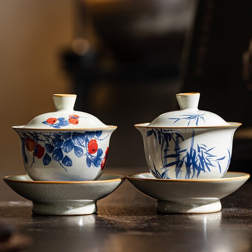 Gaiwan Ruyao Craft Crackle Glaze Porcelain Tureen With Saucer Lid Bamboo Print - Picture 6 of 10