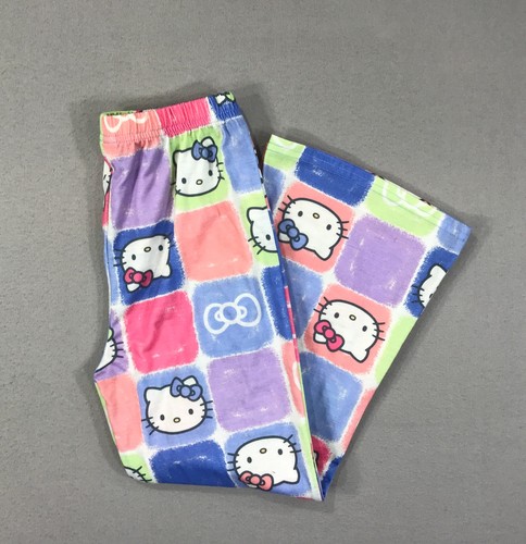 Hello Kitty Pants Girls Small 6-6x Blue Pink Logo Cat Pull On PJ Lounge Wide Leg