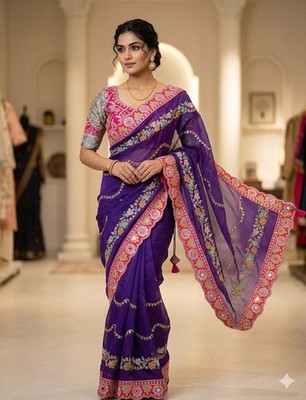Designer Saree Rangoli Silk Sequence Dori Embroidery Stitched Blouse Wedding