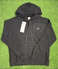 Alo Men s Black Solid Pullover Hoodie Drawstring Kangaroo Pocket Logo