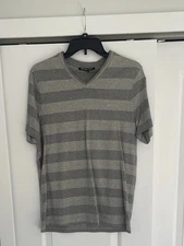 Michael Kors Men’s Gray Striped V-Neck Shirt - medium