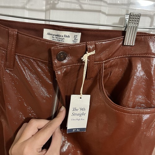 Abercrombie & Fitch 90s Straight Vegan Leather Pants Brown 27 Extra Short 4 XS - Picture 2 of 8