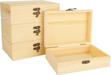 4 Pack Unfinished Wood Boxes, 7.2 Inch Unpainted Wooden Box with Hinged Lid, Sma