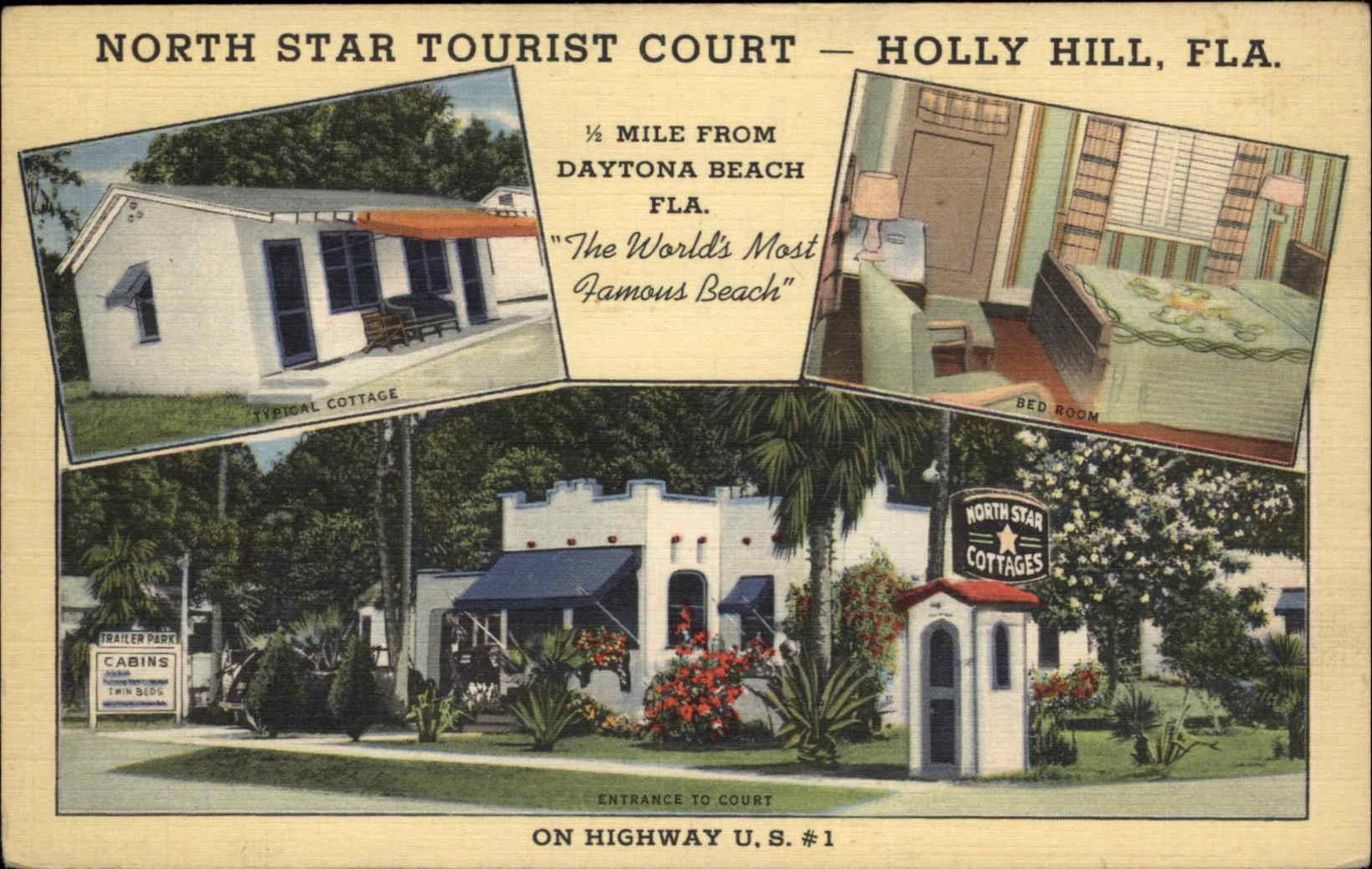 Postal vintage Holly Hill FL North Start Tourist Court multivista años 1930-50