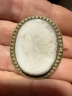 Antique Victorian Milk Glass Cameo Brooch Left Facing Brass Frame Lot#922