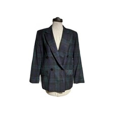 Vintage 80 s double breasted Green/Blue Plaid Blazer 100 Wool Women s preppy