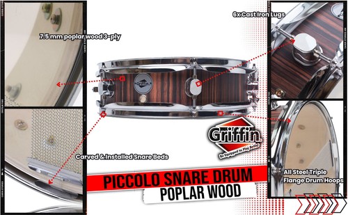 GRIFFIN Piccolo Snare Drum - 13 x 3.5 Black Hickory Poplar Wood Shell Percussion - Picture 12 of 12