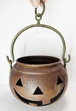 Vintage Copper Metal Pumpkin Jack O Lantern Hammered Cauldron Halloween 6" Round