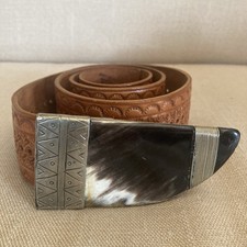 Vintage Four Winds Made In Morocco Hand Tooled Leather Belt 41  Bone Horn Buckle