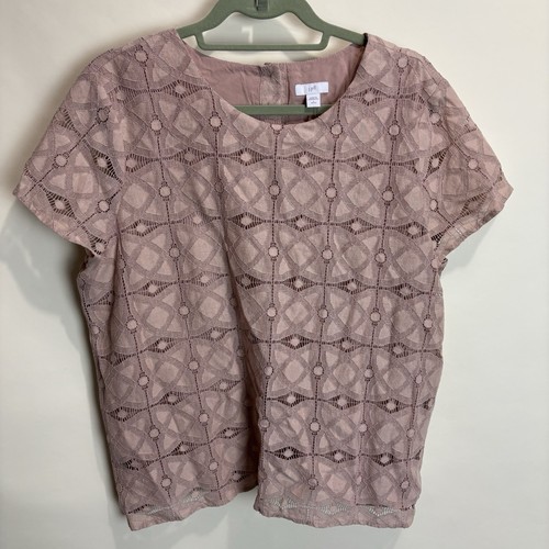 J.Jill Petite Chablis Pink Blush Short Sleeve Boxy Lace Top Blouse Large NWT