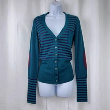 Patrizia Pepe Firenze Multi-Stripe Lightweight Cardigan Retro Teal Wool Blend 42