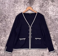 Ming Wang Jacket XL Womens Navy Blue Piped Knitted Cardigan