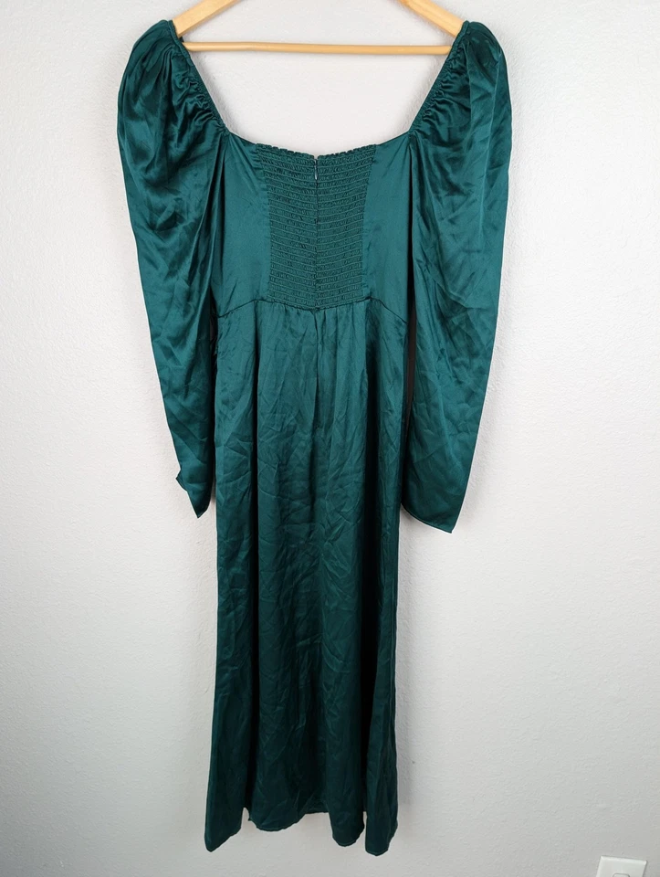 Reformation Dress Womens 6 Green Silk Long Sleeve Square Neck Ruched Midi Formal - Image 3 of 4
