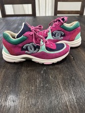 AUTH CHANEL RUNNER TRAINER SNEAKERS SUEDE PINK GREEN CC LOGO LACE UP 38 G34360