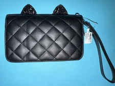 Claire’s Black Synthetic Leather Small Wallet Cat Themed Purse Glittery Ears