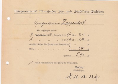 EISLEBEN, Brief 1933, Kriegerverband Mansfelder See und Stadtkreis Eisleben