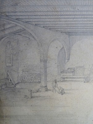 FRENCH SCHOOL DRAWING 19TH CENTURY PENCIL FACTORY WORKSHOP BARN ANIMEE SIGN 1810