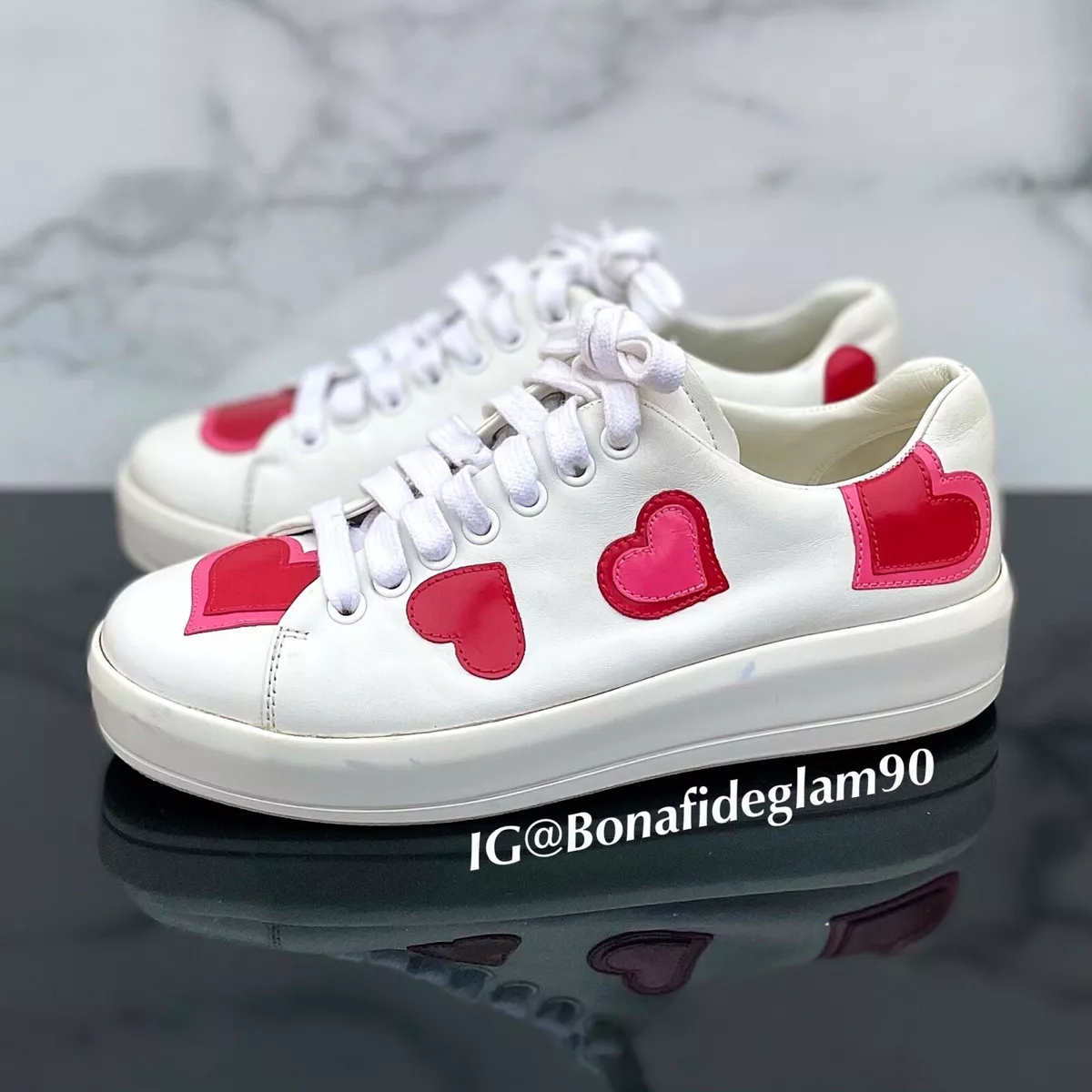 Prada heart appliqu lace up low top leather sneakers size IT 35 US 5