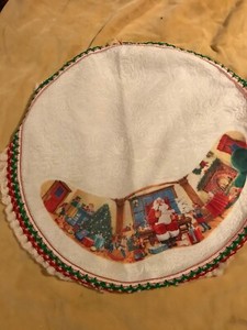 White  Tablecovering / Tree Skirt Christmas Printed Santa Christmas Scene ~ 36"