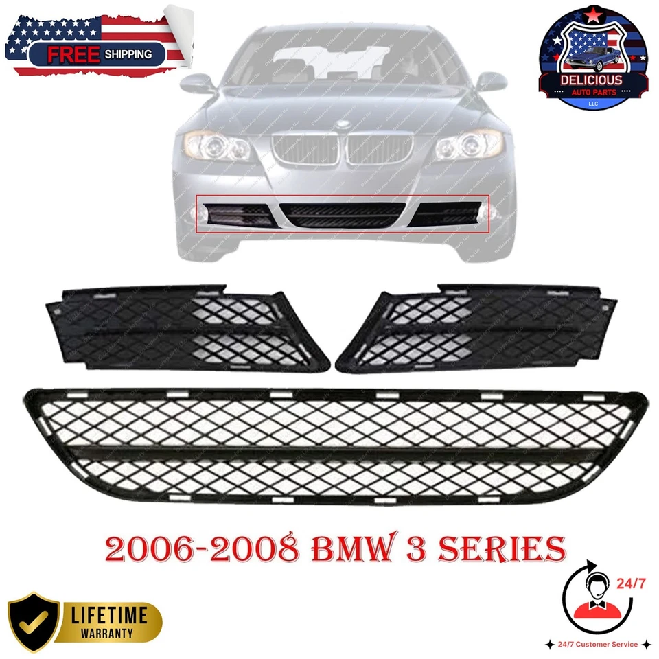 Black Bumper Grille + Inserts for 2006-2008 BMW 3 Series 323i 328i 335xi (3Pc) Foto 2 de 4