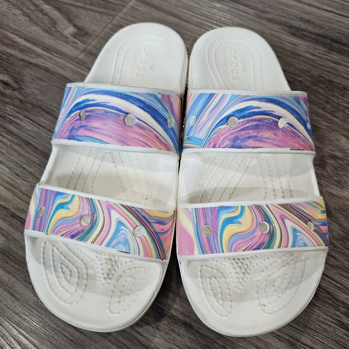 Crocs Unisex Double Strap White Pink/Blue Swirl Sandal Shoe Sz 6/8