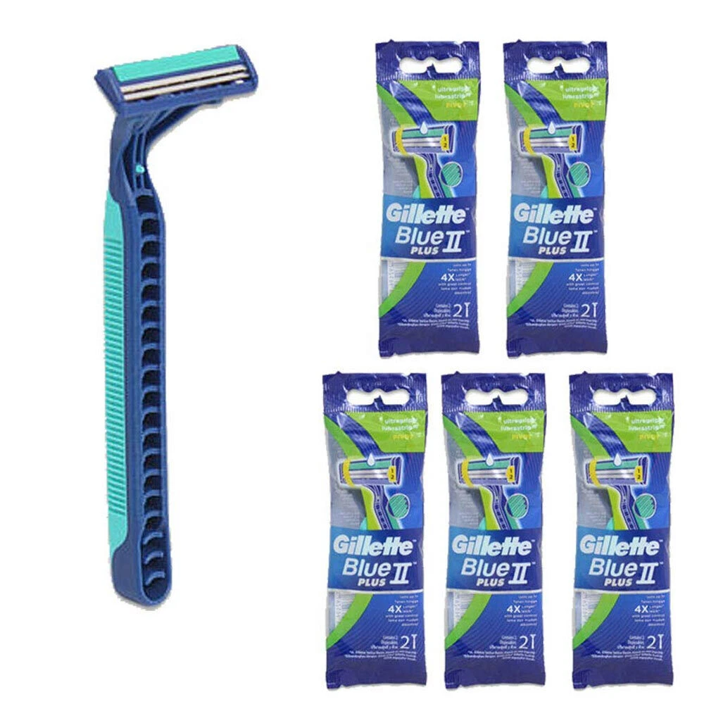 5 Packs Gillette Blue II Plus Disposable Razor Pivot 2 Blade