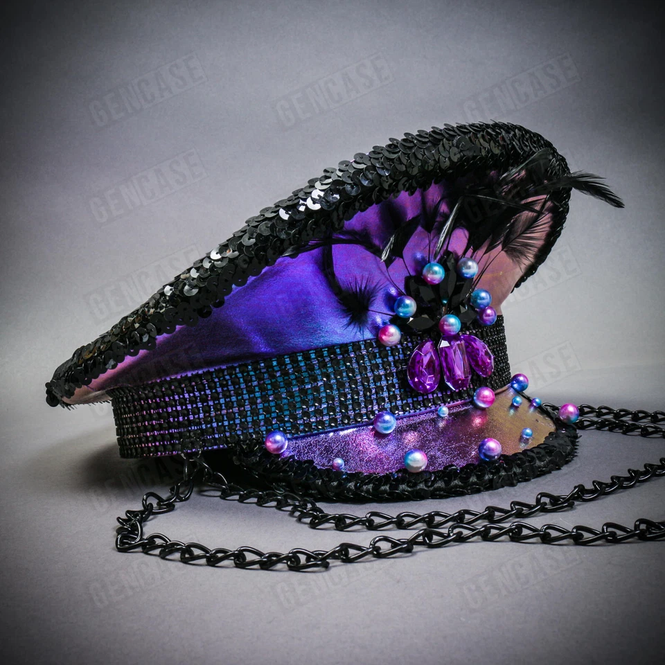 Gorra Capitán Steampunk púrpura y azul con diamantes de imitación para Burning Man Music Festival Foto 3 de 4