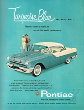 Pontiac Strato Steak V8 in Turquoise Blue and White Mist 1955 Magazine Print Ad