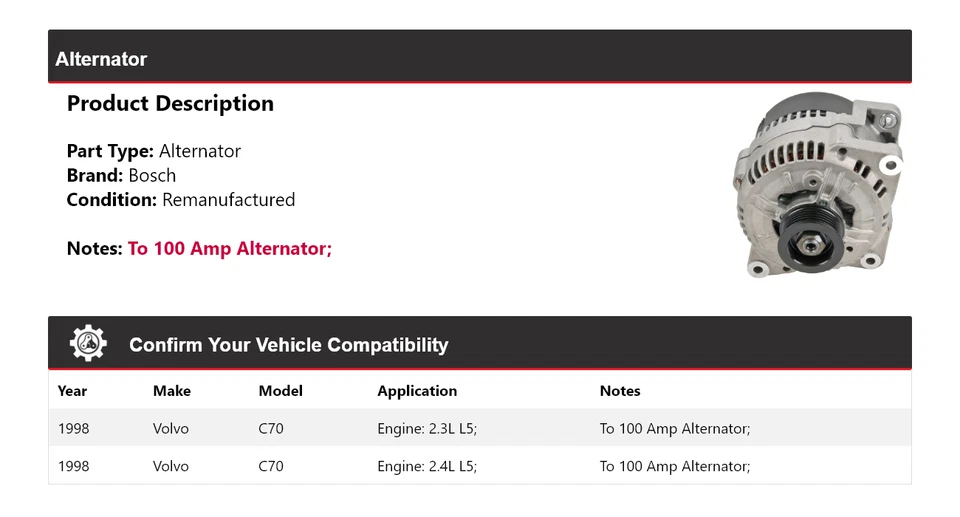 For 1998 Volvo C70 Bosch Alternator (Remanufactured) - Image 2 of 4