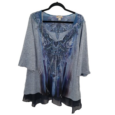 World Unity Blue Tie Dye Knit Top Womens 1x V Neck Chiffon Trim Rhinestone