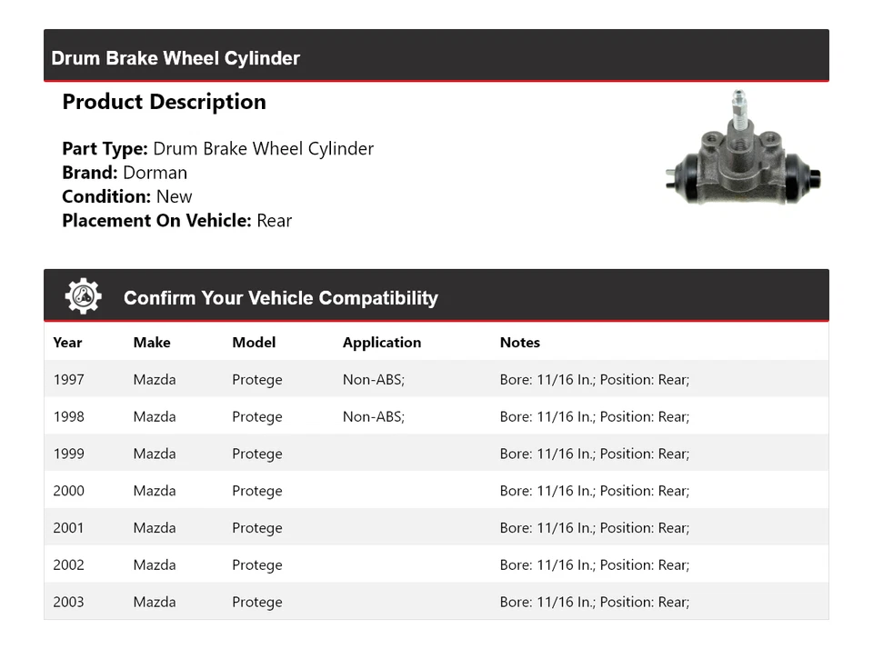 Задний цилиндр барабанного тормоза колеса для Mazda Protege Dorman 1997-2003 годов выпуска 1998 1999 2000 годов выпуска - Изображение 2 из 3