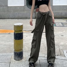 Women Straight Leg Jeans Trousers Cargo Pants Vintage Style Belted Multi Pockets