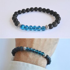 Bracciale Braccialetto da uomo in Pietre dure Lava Lavica Nero e Cristalli Blu