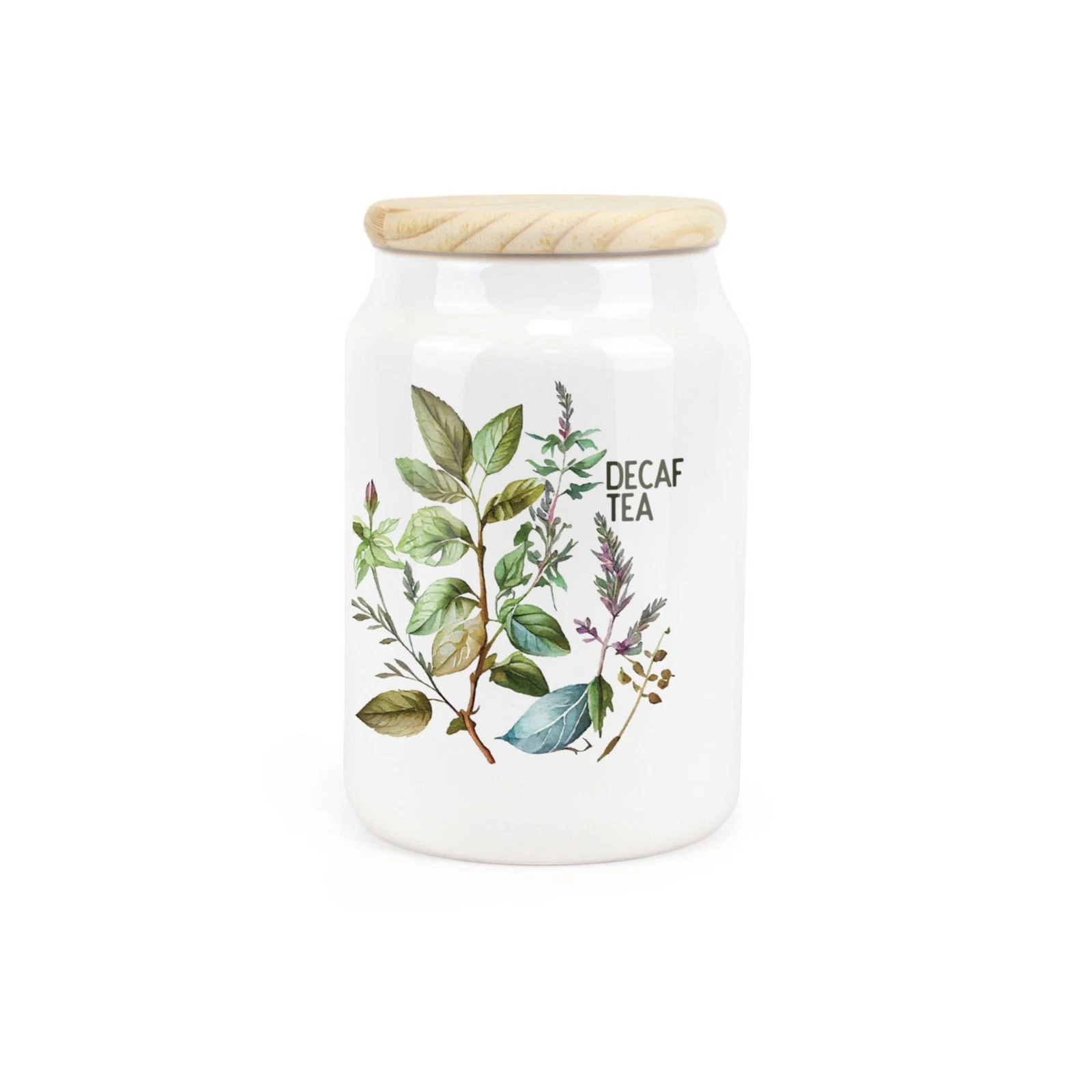Ceramic Tapered Watercolour Herbs Canister - Decaf Tea Storage Container
