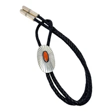 Thomas Nez, Bolo Tie, Coral, Sterling Silver, Navajo Handmade, 32"