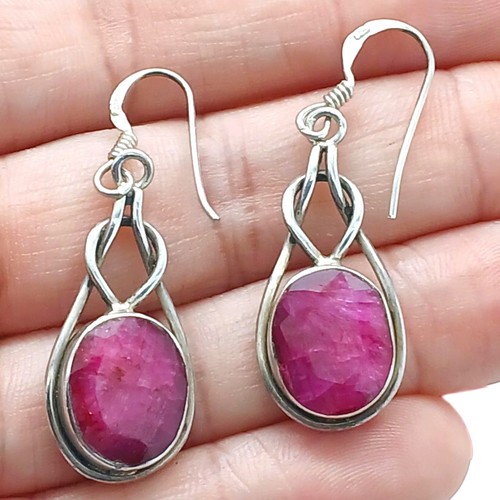 Vintage 925 Sterling Silver Dangle Earrings Celtic Knot Ruby Natural Jewelry - Picture 4 of 12