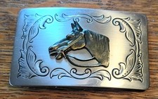 Vintage CHROME  BRASS "HORSE HEAD" Etched BELT BUCKLE.....COOL 