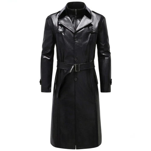 Men's Black Goat Handmade Leather Trench Coat Long Duster Jacket Birthday Gift - product listing photo