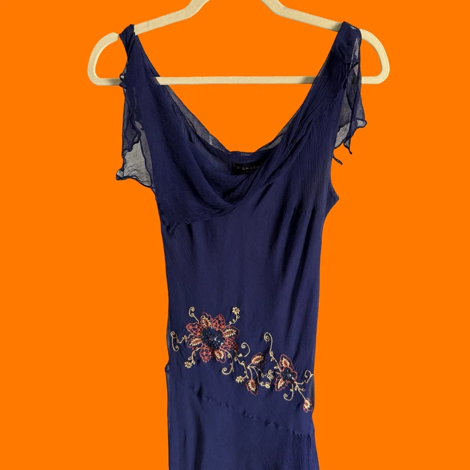 Vestido vintage años 00 azul marino lentejuelas florales 100% seda gasa hada boho y2k talla 12 Foto 2 de 4