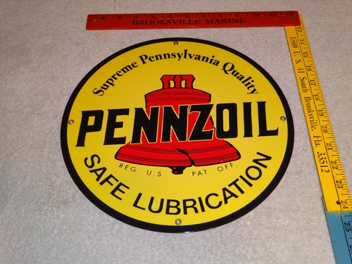 VINTAGE PENNZOIL SAFE LUBRICATION PENNSYLVANIA OIL 12" PORCELAIN METAL GAS SIGN!