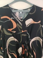 Nine West Tie Waist Mini Shift Dress Sz XL V-Neck Artsy Swirl Black Coral Pink