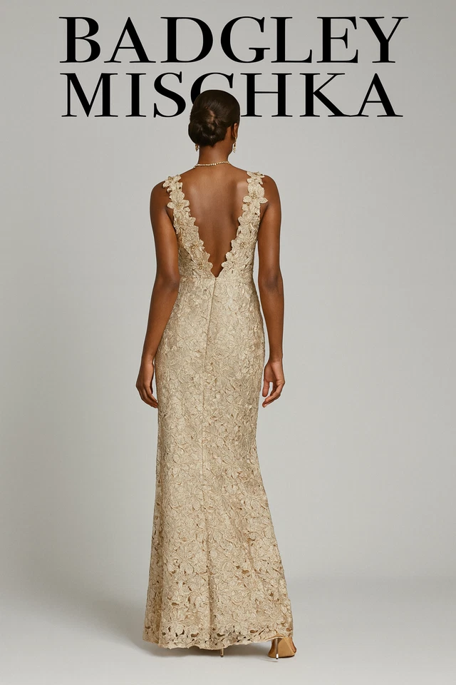 $2,980 Badgley Mischka Champagne Gold Floral Lace Guipure Gown sz 2 Runway MOB - Image 2 of 4