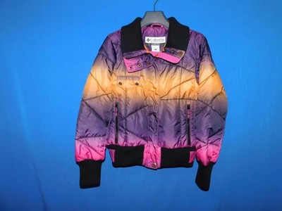 Vintage Y2K Columbia M Purple Orange Stripe Down Puffer Coat Jacket Zip Snap Md