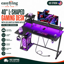 40 Inch Gaming Desk with LED Lights  Power Outlet, L Shaped Computer Gaming Tab