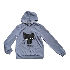 Girls 13-14Y Hoodie Blue Cat Graphic "Meh" Pullover Sweatshirt Long Sleeve