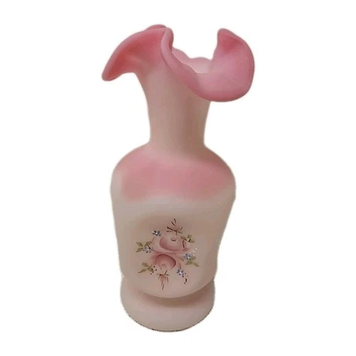 Vintage Fenton Satin Rosalene Ruffled Pinched Vase Hand-Painted by V. Gherke 7"