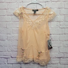 NEW Y2K Rampage Clothing 100% Silk Peach Blouse Sz L Sheer Fairycore Coquette